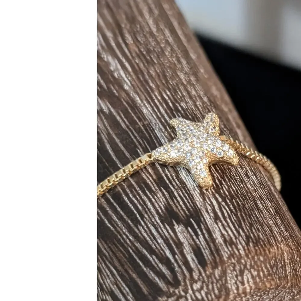 Gold Tone Rhodium Plated Box Chain Sparkle Starfish Adjustable Bracelet